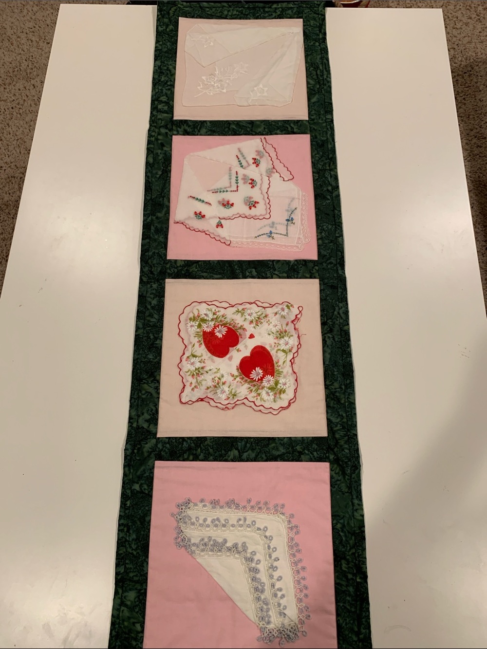 Quilted Pink & Green Table Runner with Decorative Handkerchief Panels